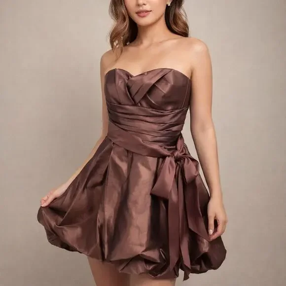 Jessica McClintock Gunne Sax Strapless Satin Bubble Hem Dress Y2K Brown Party XS - Picture 2 of 8